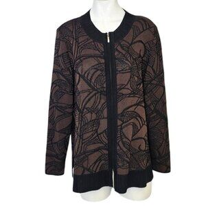 Exclusively Misook Womens Full Zip Long Sleeve Sweater, Pattern, Stretch, Brown